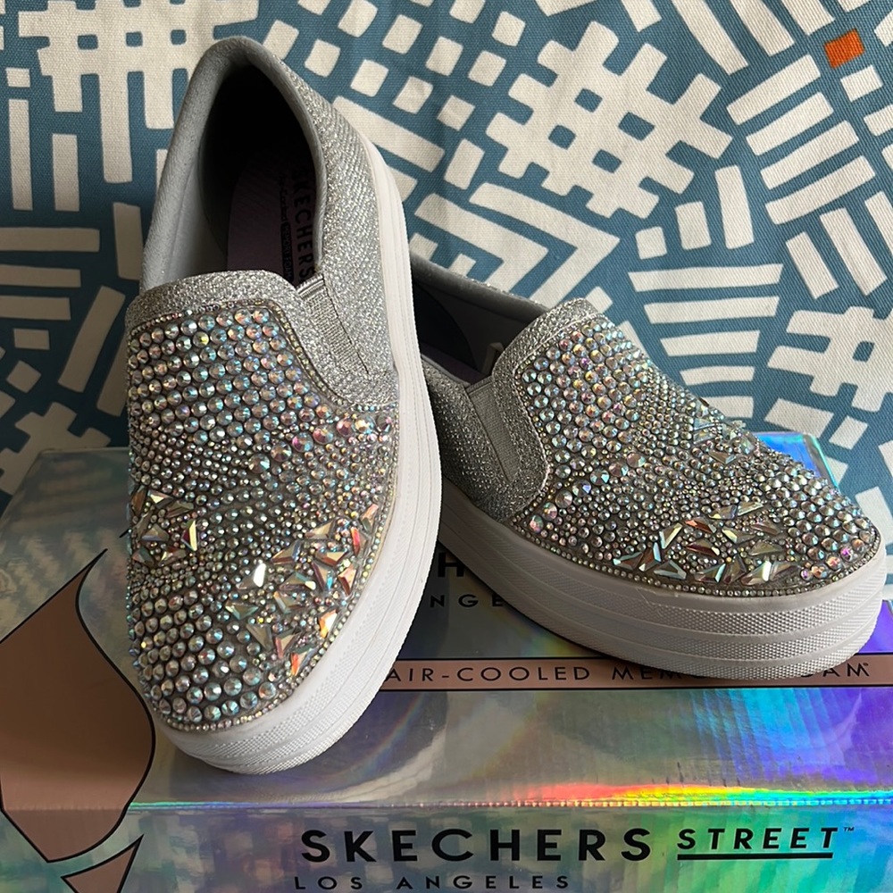 Skechers Double Up Rhinestone Trim Slip-Ons Silver - size 4 big kid